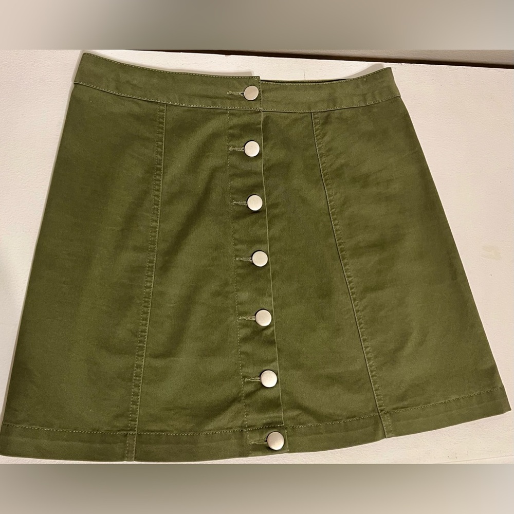 NUDE Brand Army Green Button Front Mini Skirt Denim Slight Stretch Size Medium - Picture 3 of 13